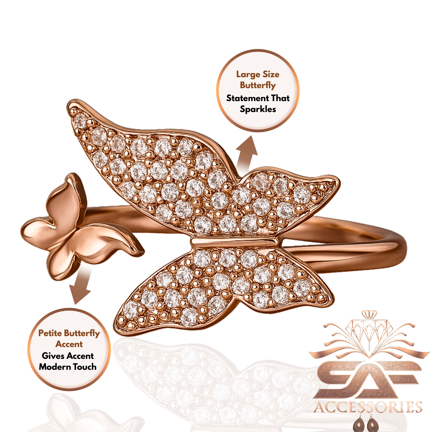 AD Dual Butterfly Crystal Studded Ring