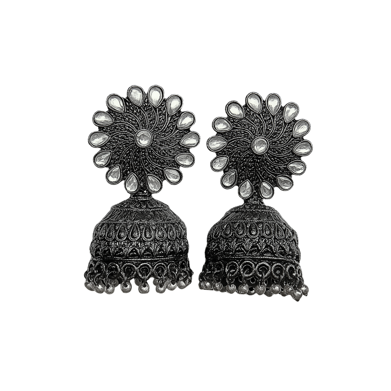 Black Antique Dome Jhumkis with Reflective Petals