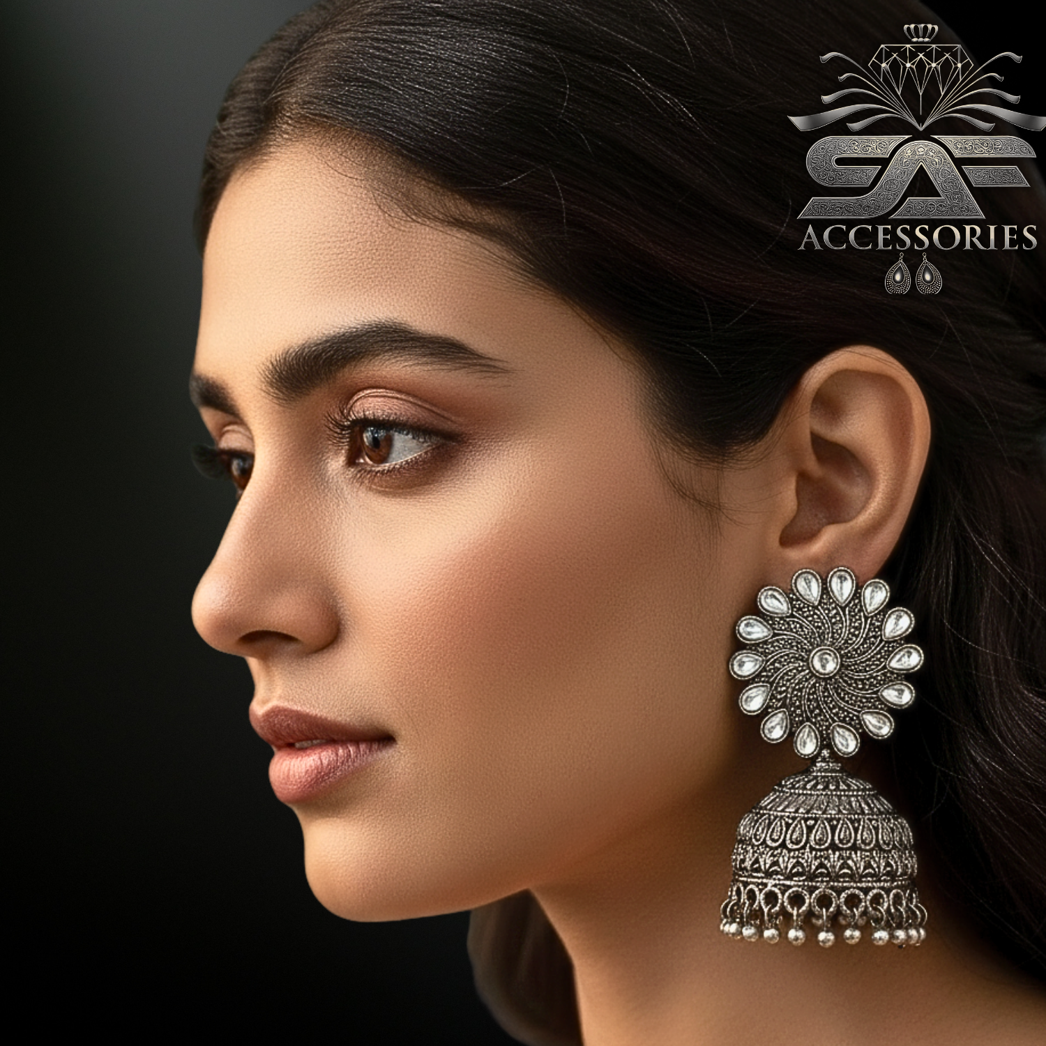 Black Antique Dome Jhumkis with Reflective Petals