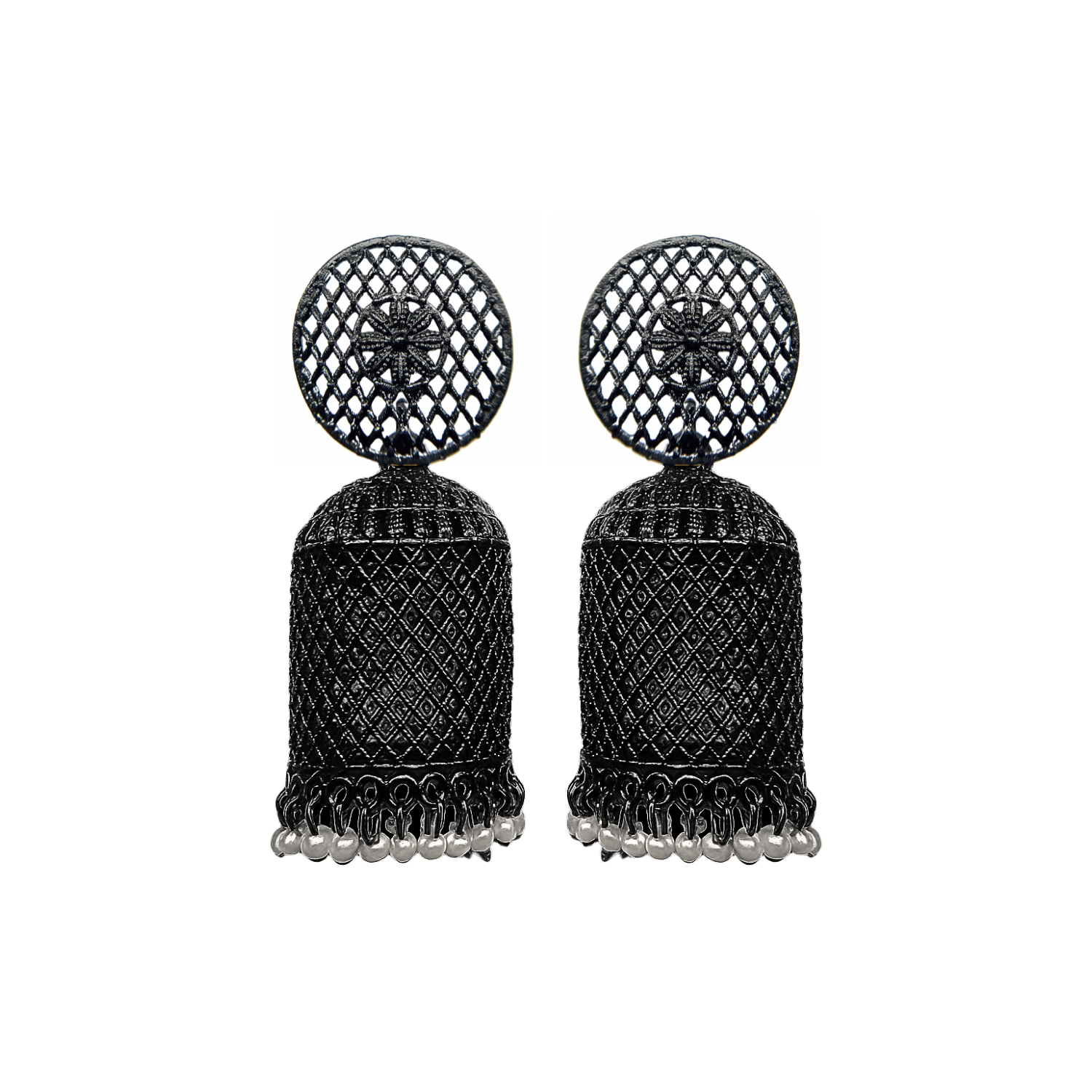 Black Net-Pattern Dome Jhumka Earings