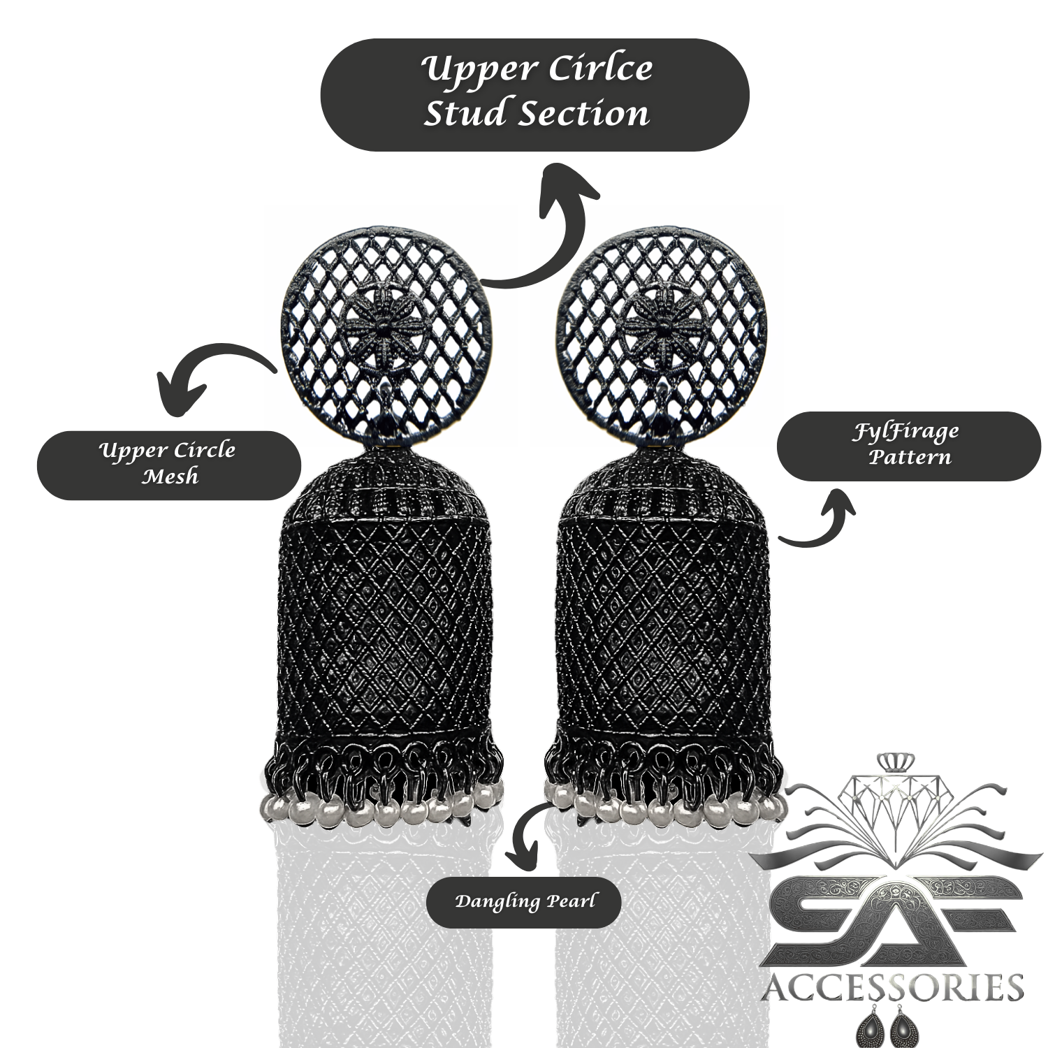 Black Net-Pattern Dome Jhumka Earings