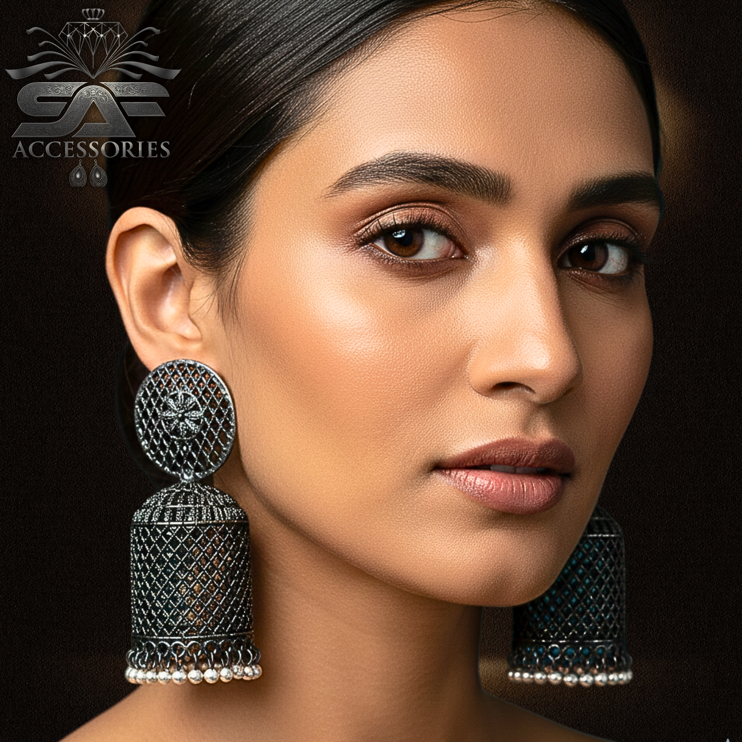 Black Net-Pattern Dome Jhumka Earings