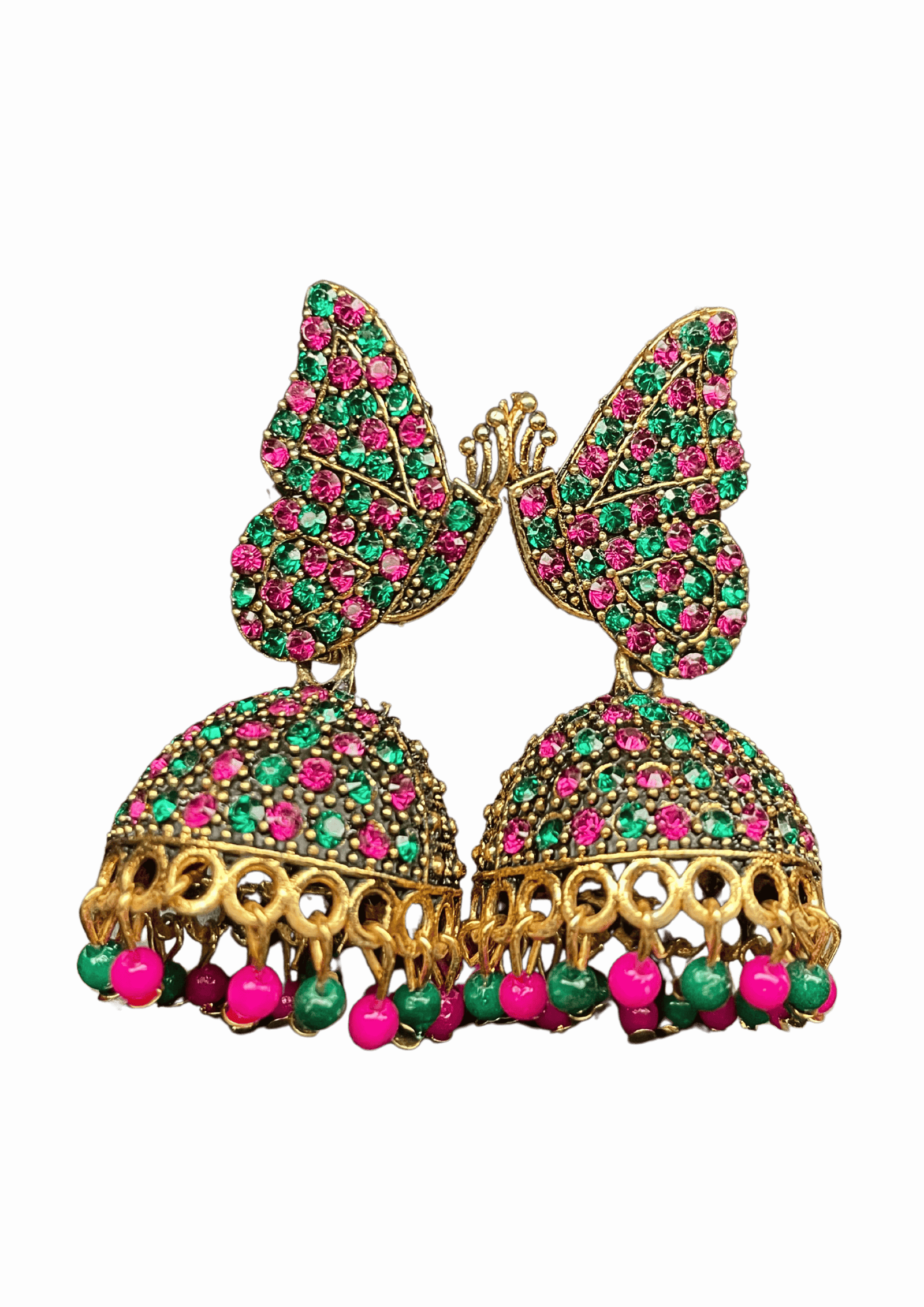 Butterfly Design Pink & Green Stone Studded  Jhumka Earings