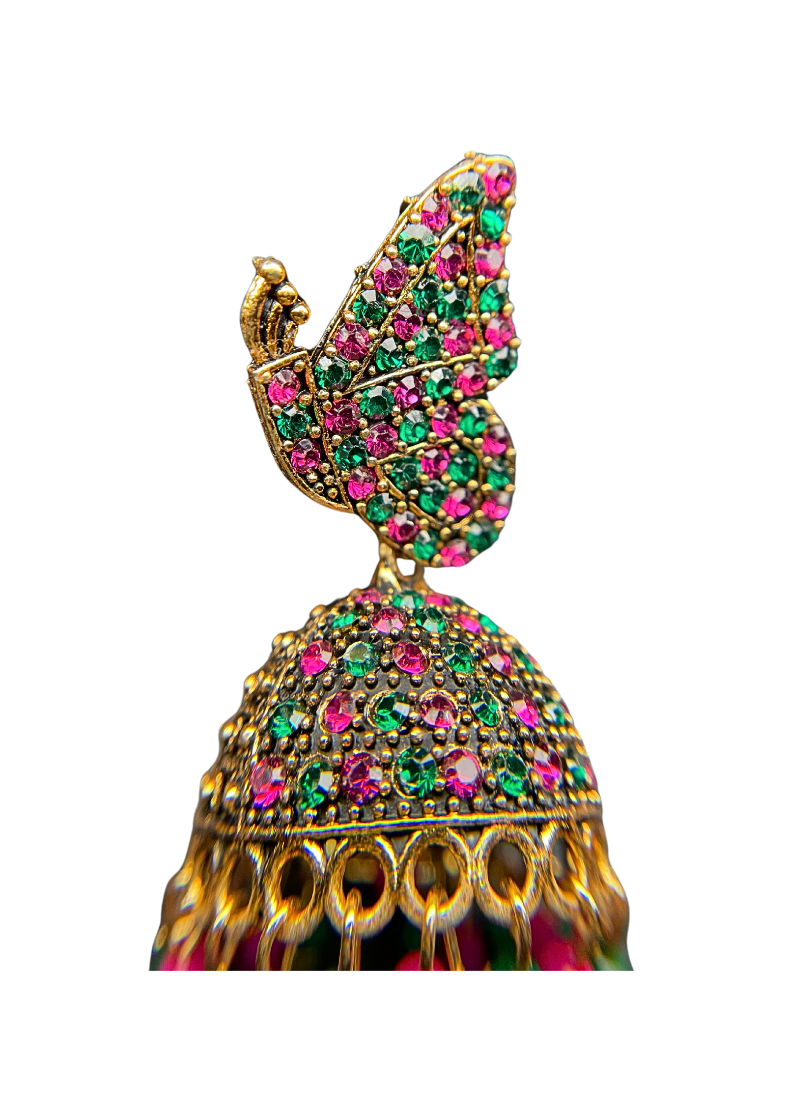 Butterfly Design Pink & Green Stone Studded  Jhumka Earings