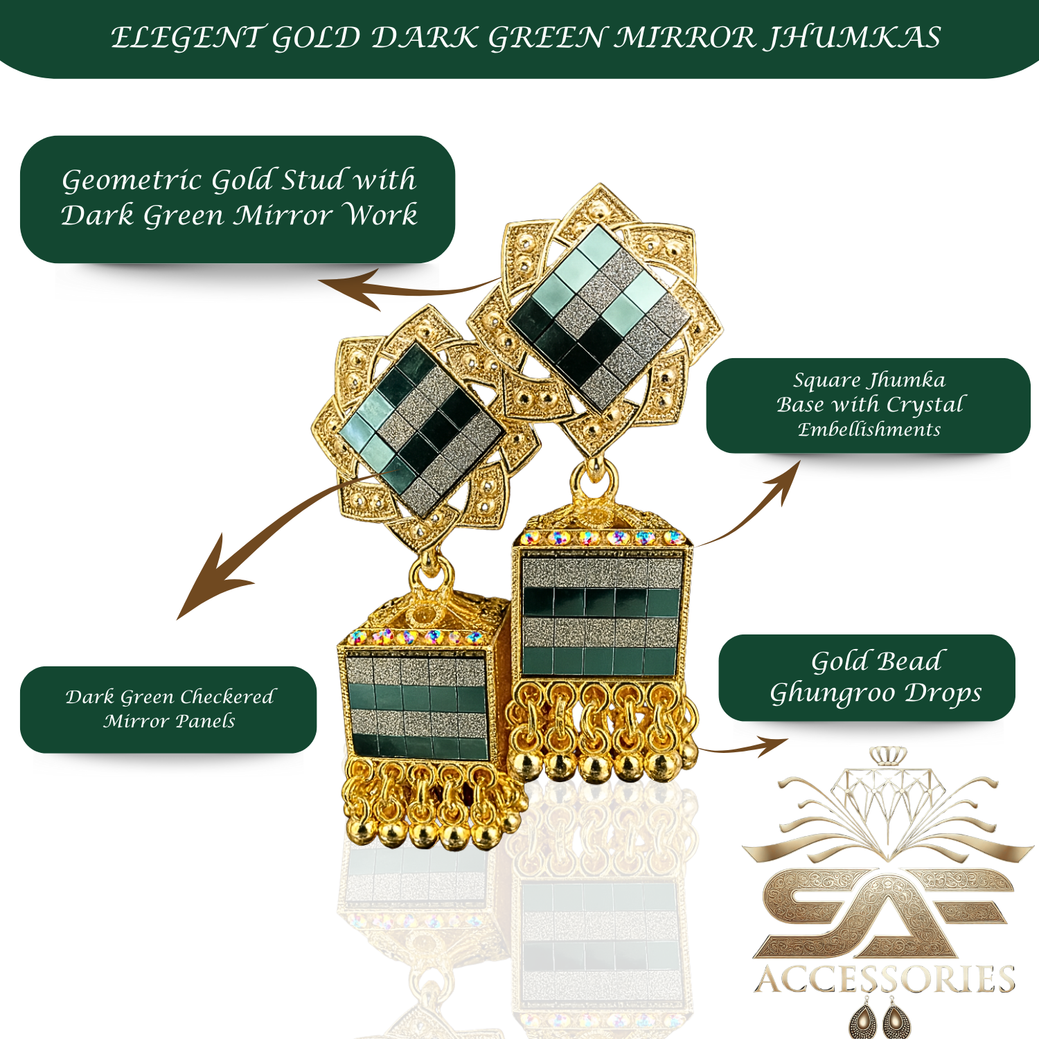 Elegant Green Mirror Work Statement Earings