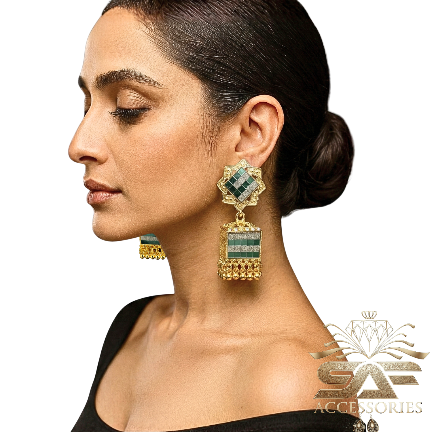 Elegant Green Mirror Work Statement Earings