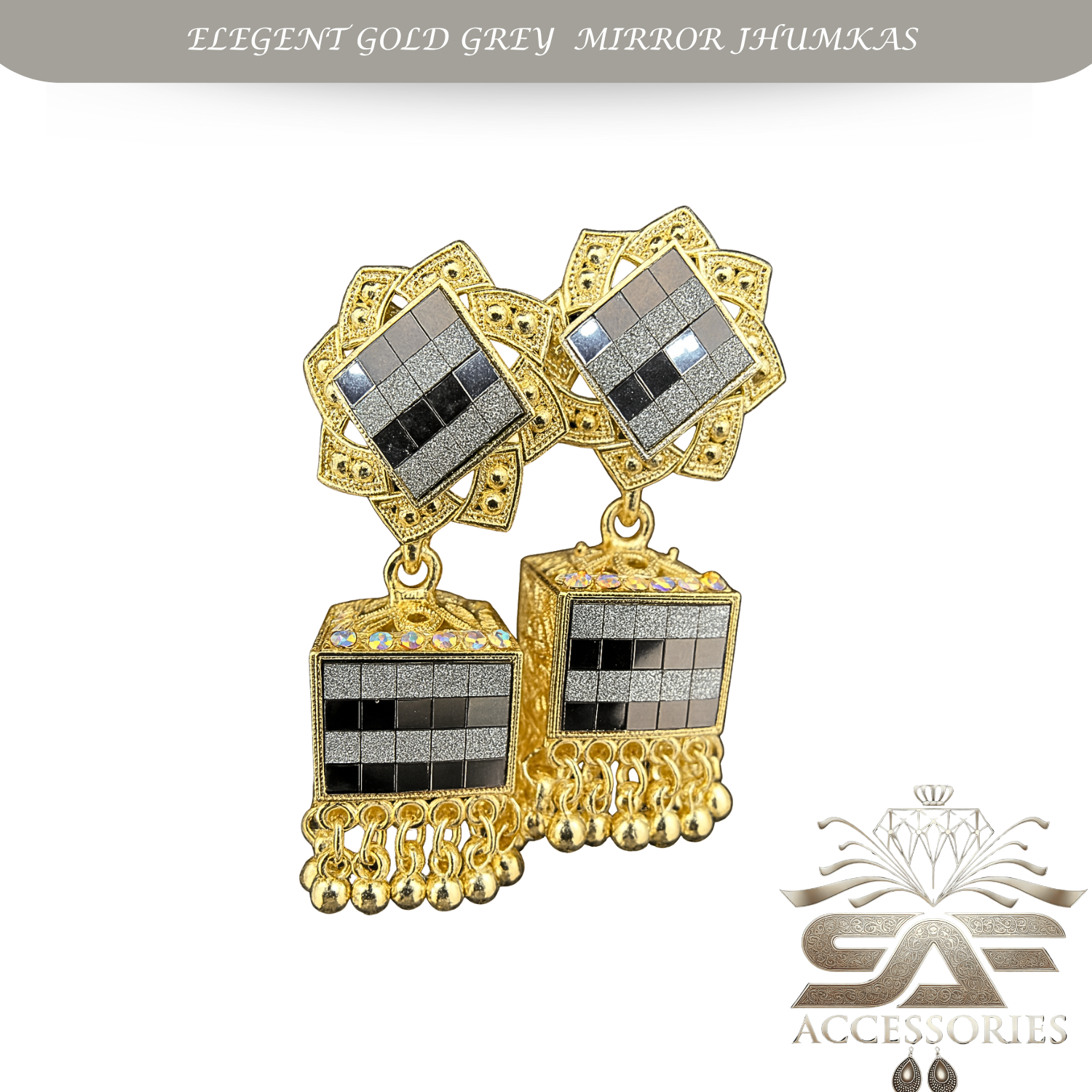 Elegant Gray Mirror Work Statement Earings