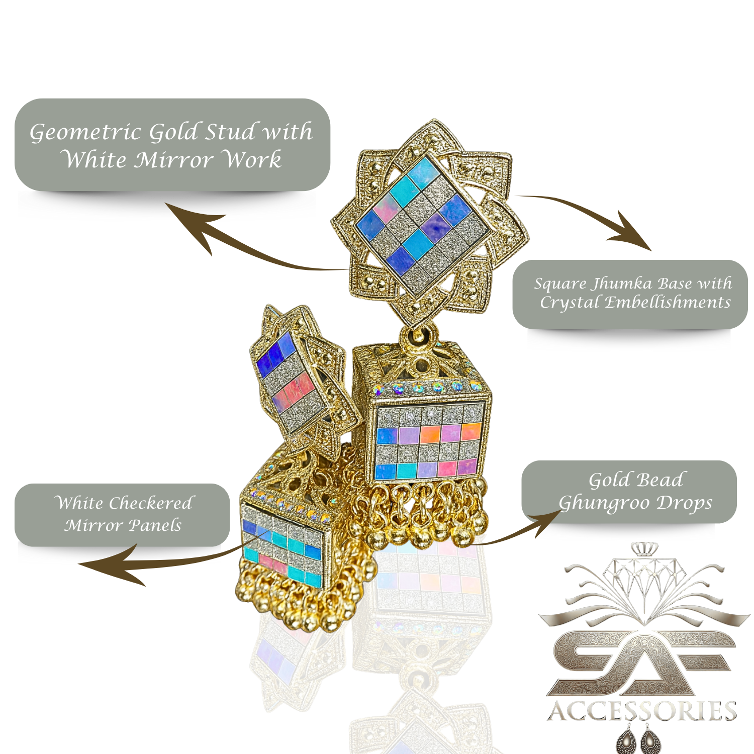 Elegant White Mirror Work Statement Earings