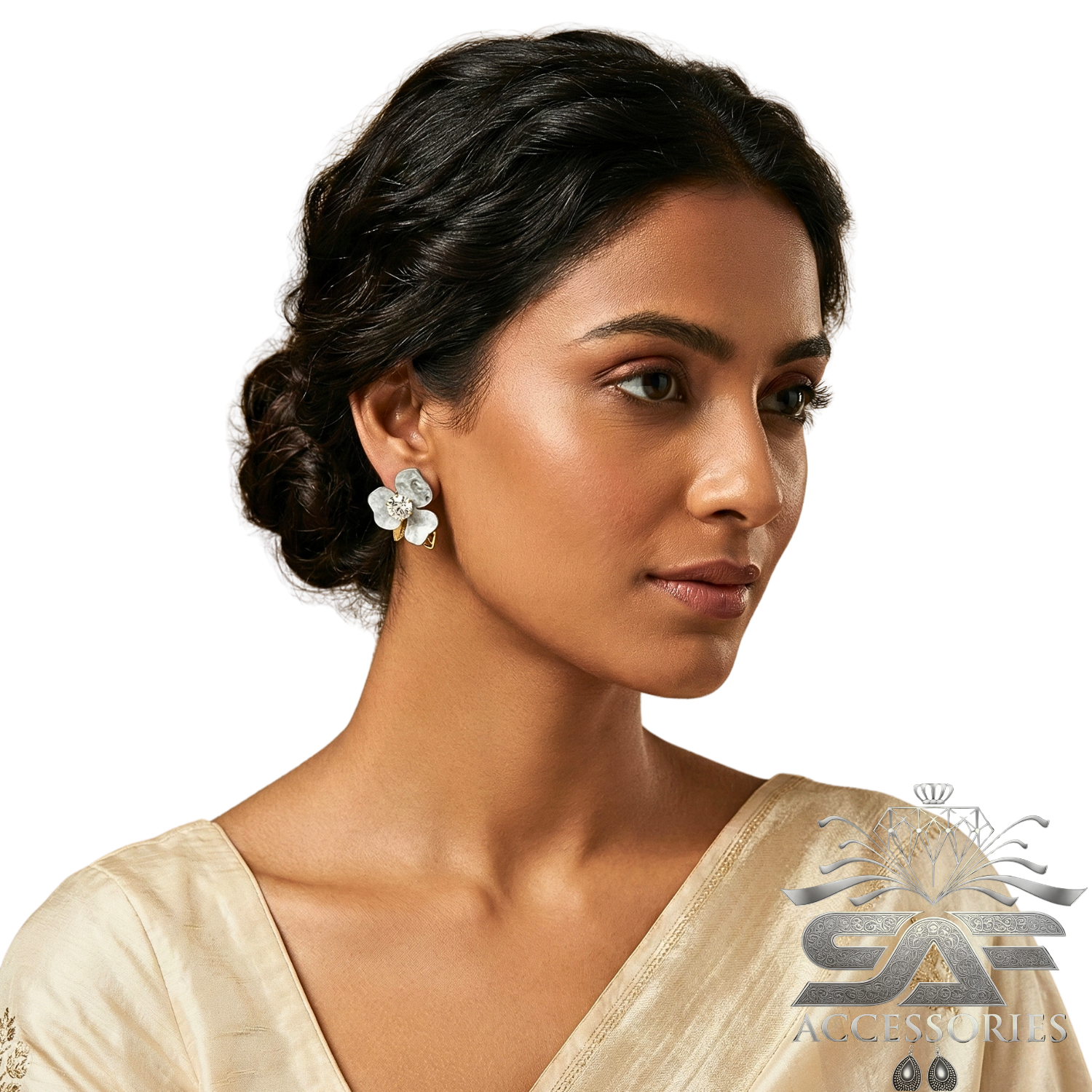 Floral Black Stud with Crystal Center Earrings