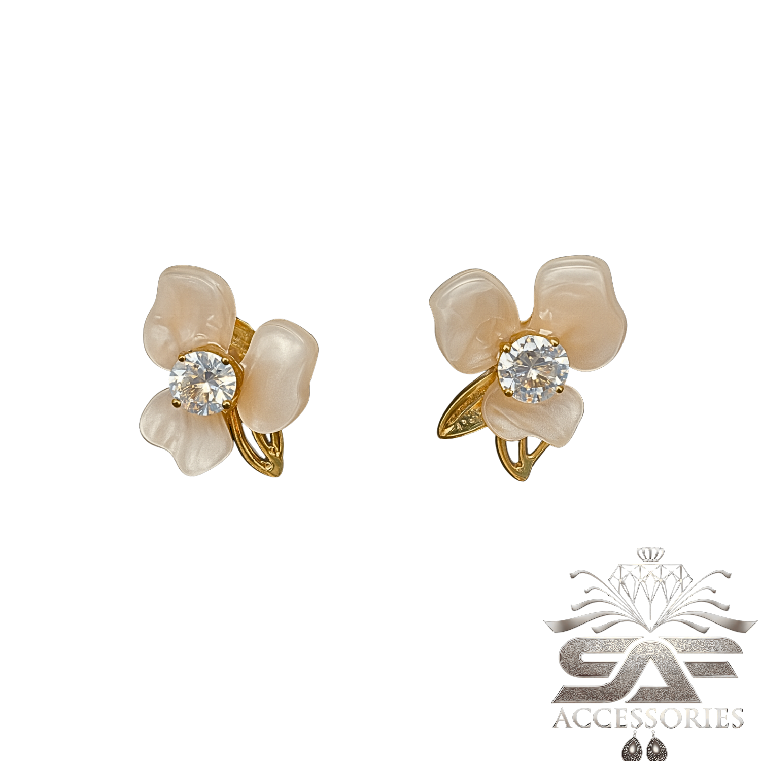 Floral Cream Stud with Crystal Center Earrings