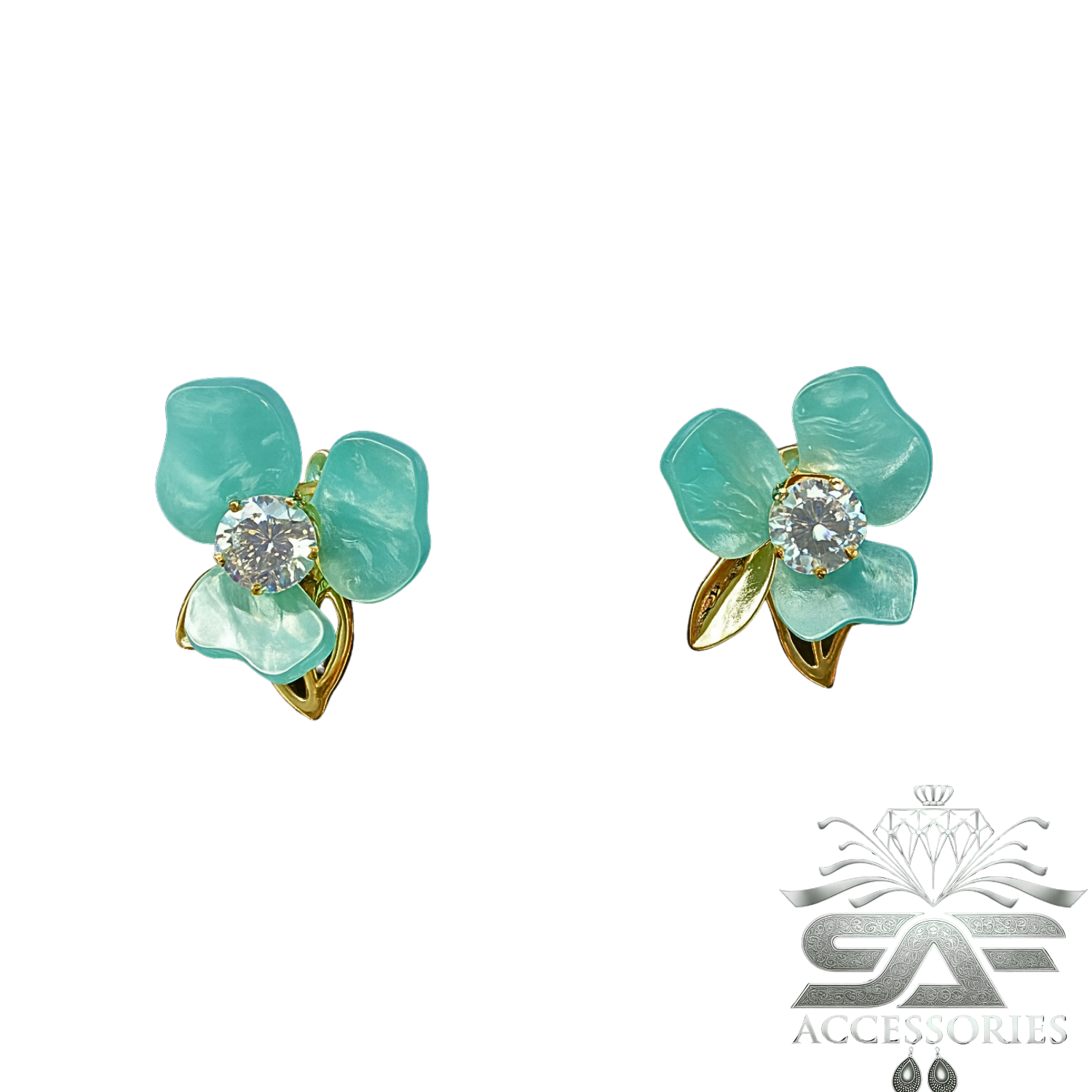 Floral Green Stud with Crystal Center Earrings
