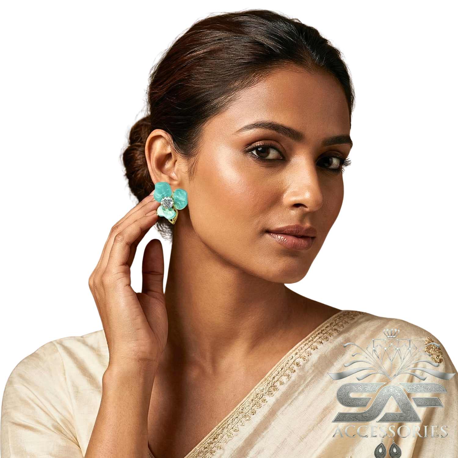 Floral Green Stud with Crystal Center Earrings