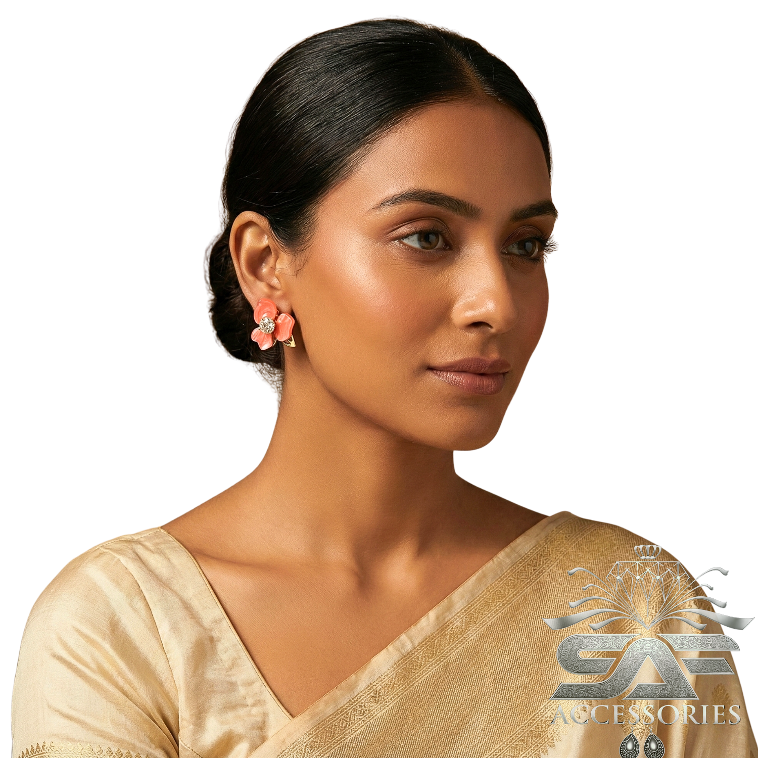 Floral Pink Stud with Crystal Center Earrings