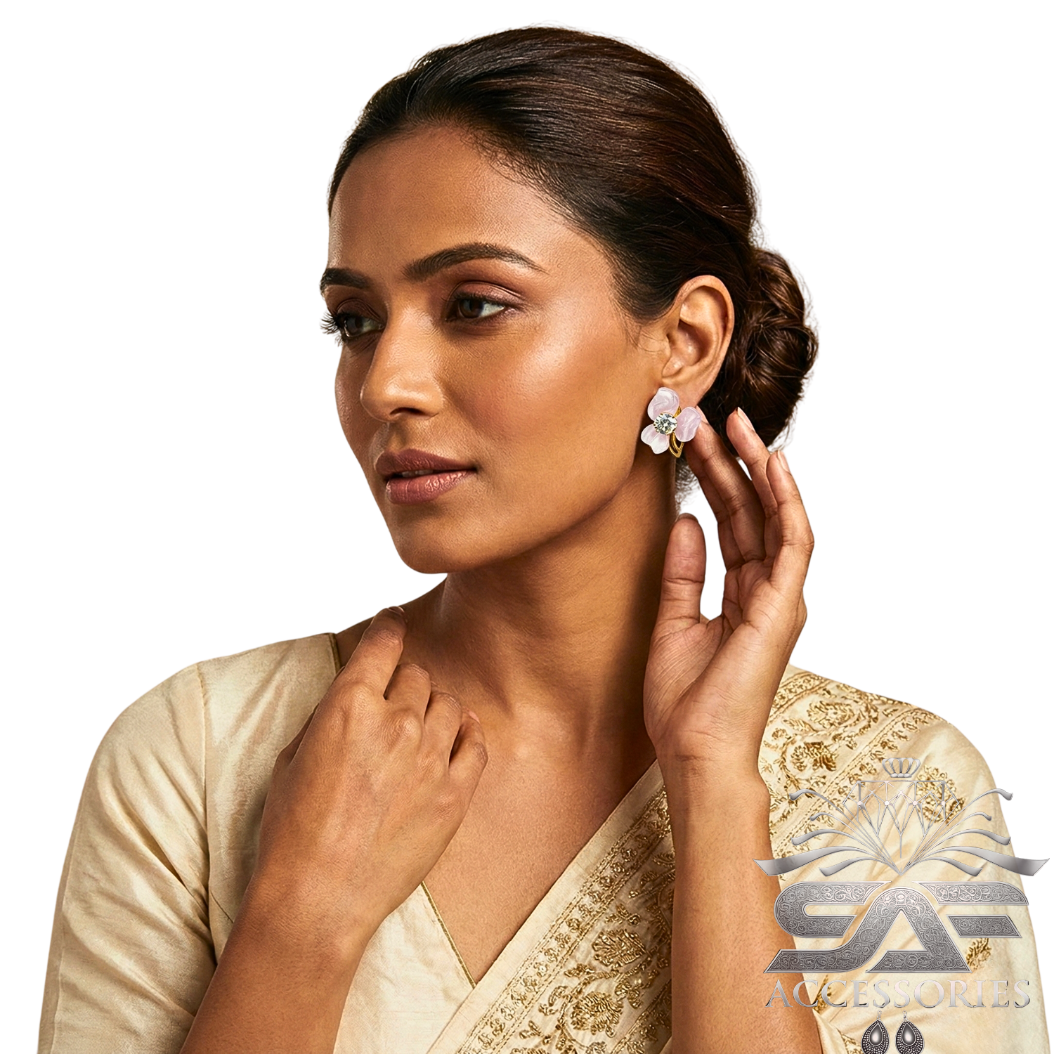 Floral Purple Stud with Crystal Center Earrings