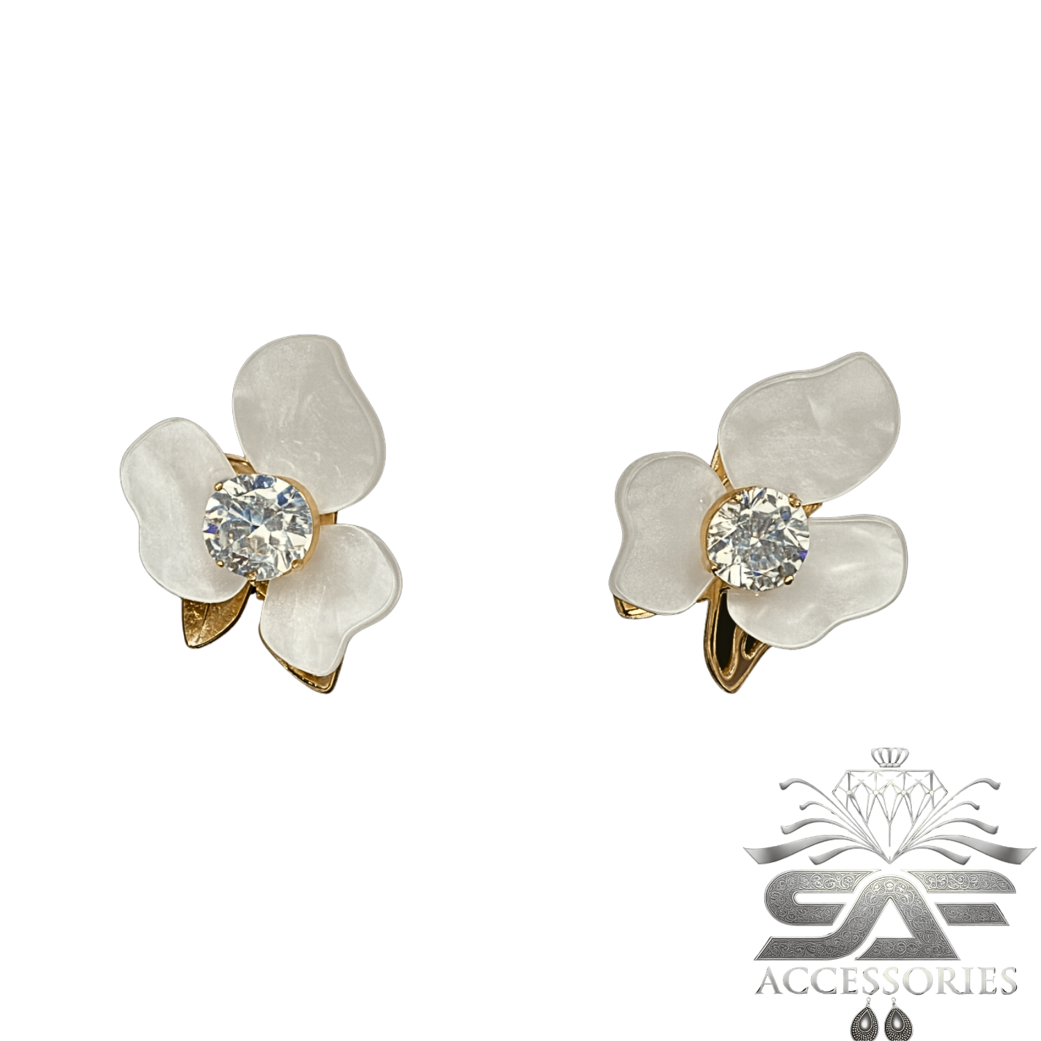 Floral White Stud with Crystal Center Earrings