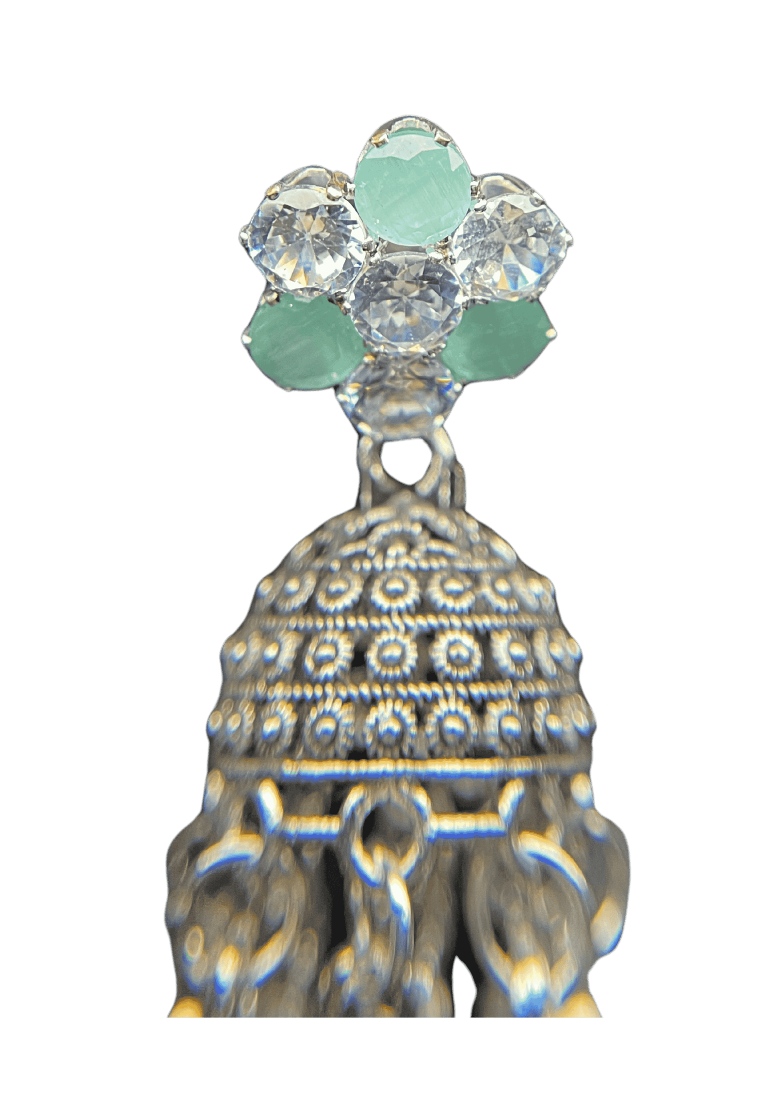 Green Crystal Studded Silver Jhumka Earrings