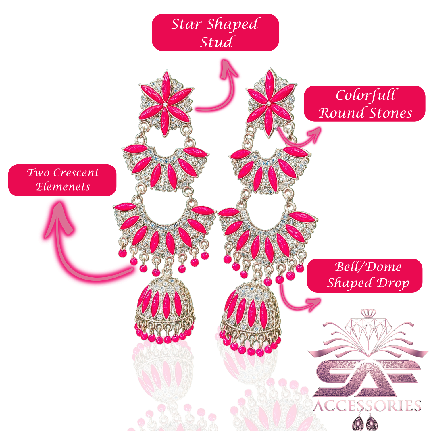 Kundan ChandBali Earing Deep Pink