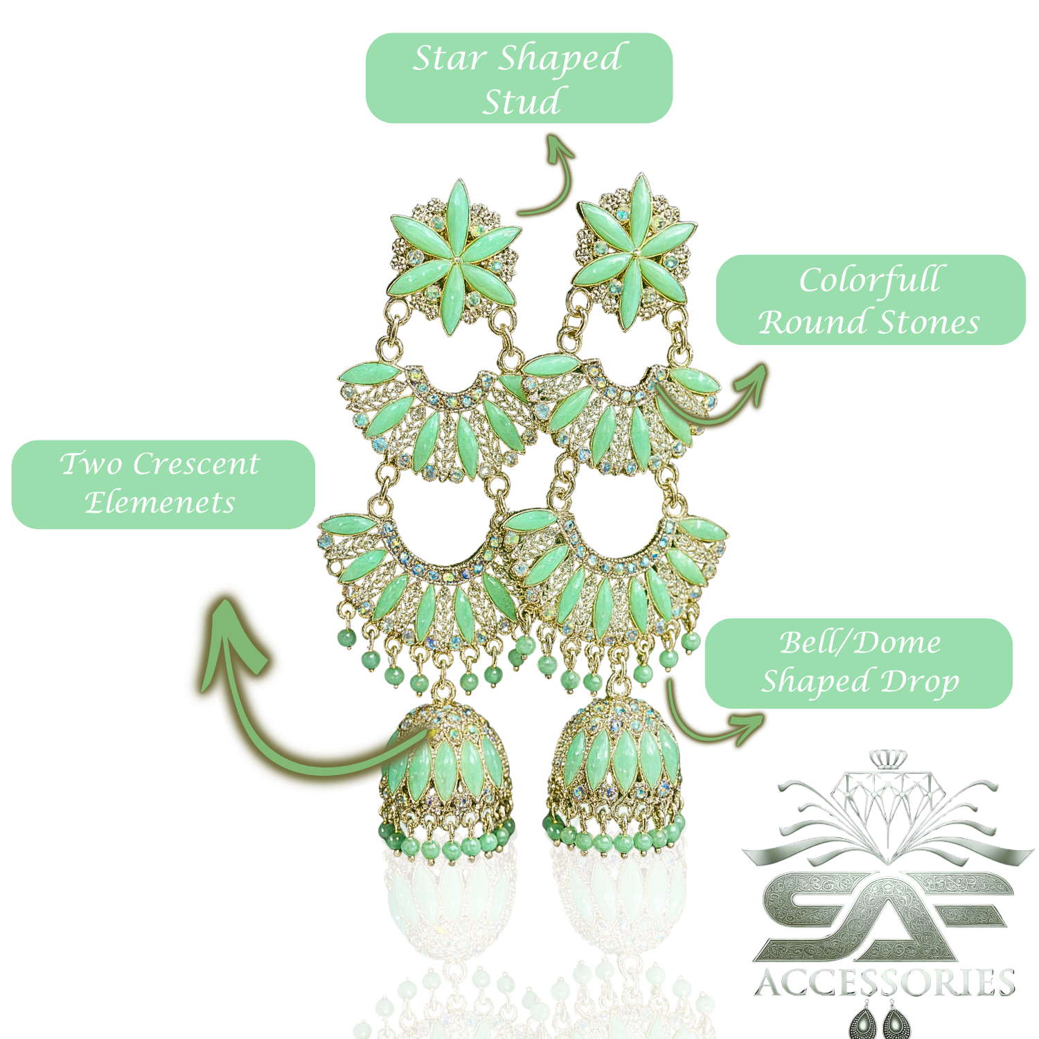 Kundan ChandBali Earing Light Green