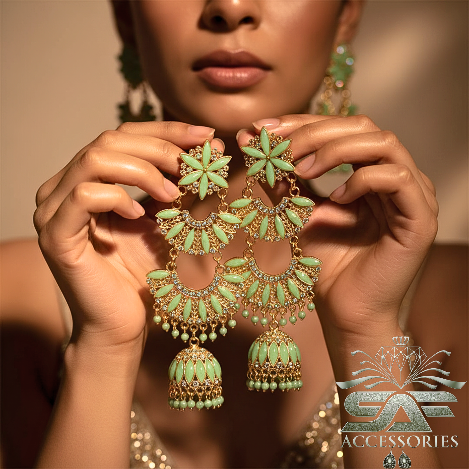 Kundan ChandBali Earing Light Green