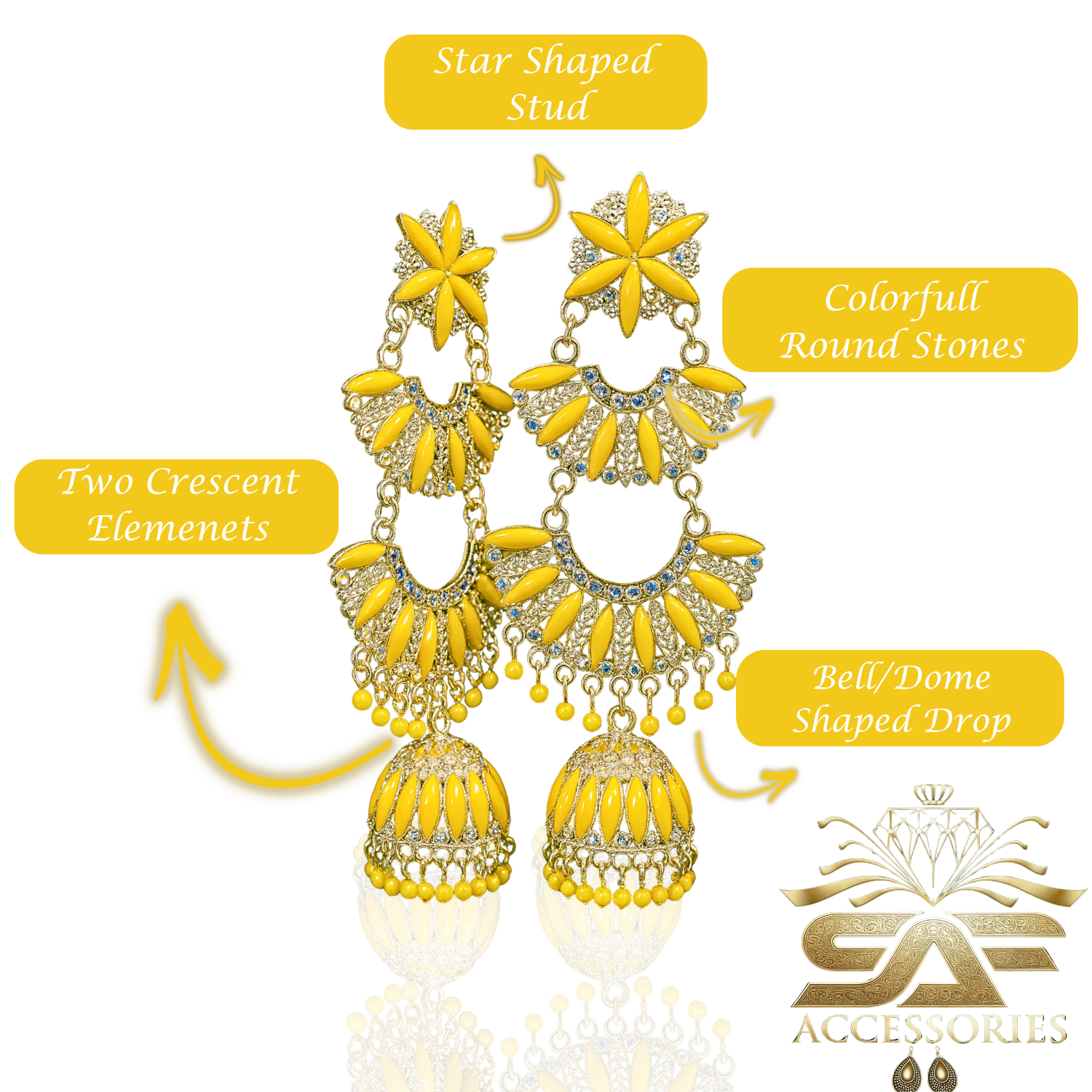 Kundan ChandBali Earing Yellow