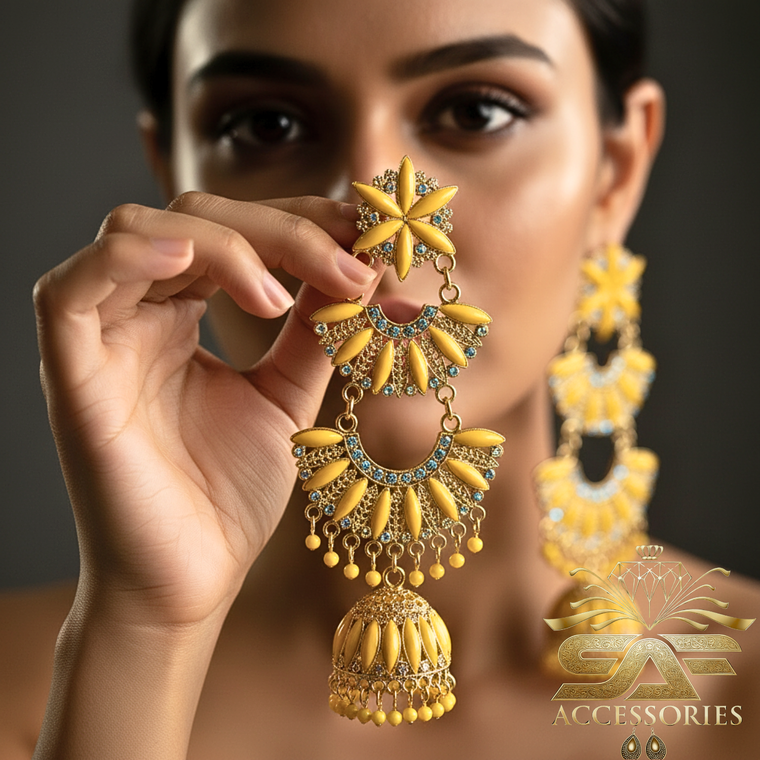 Kundan ChandBali Earing Yellow