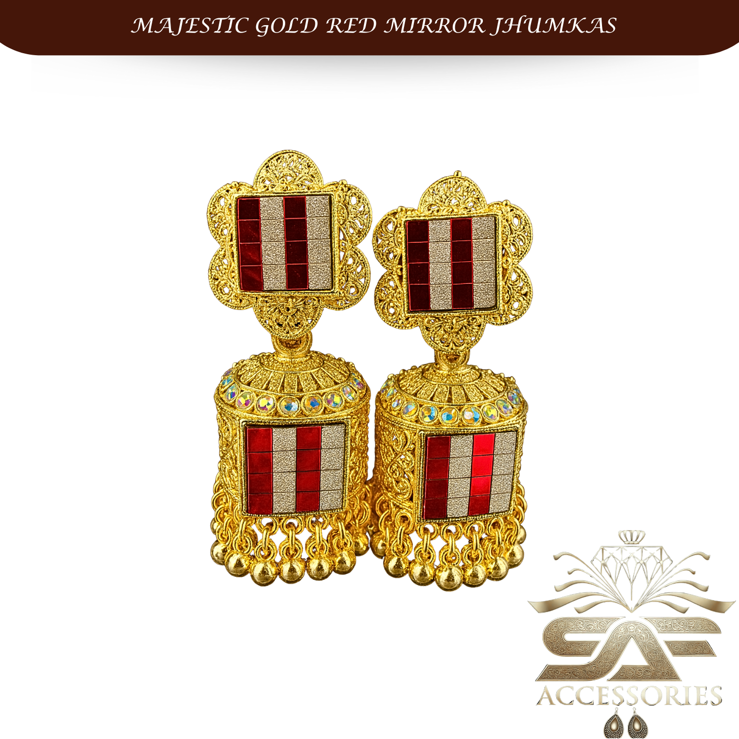 Majestic Red Mirror Mosaic Jhumka Earrings