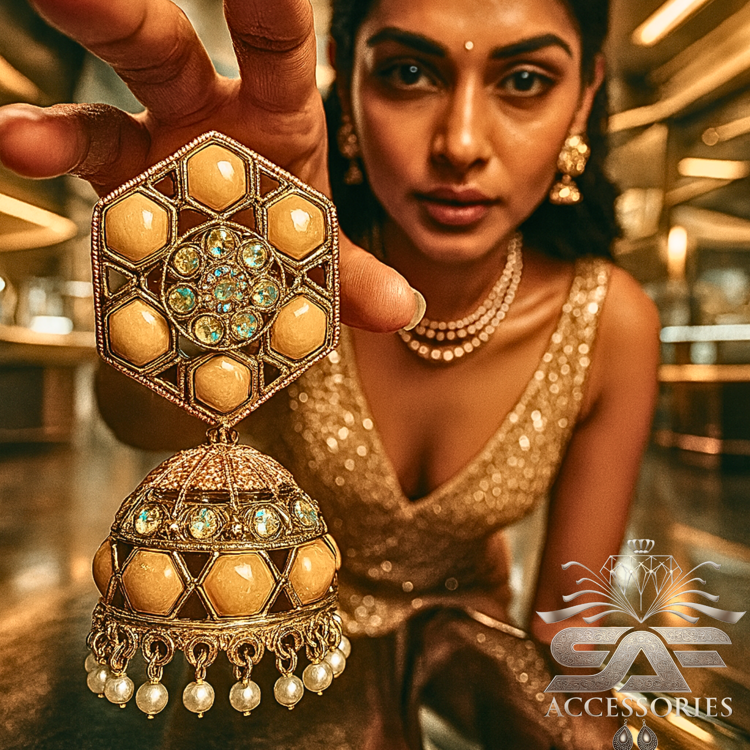 Nawabi Cream Kundan Jhumki