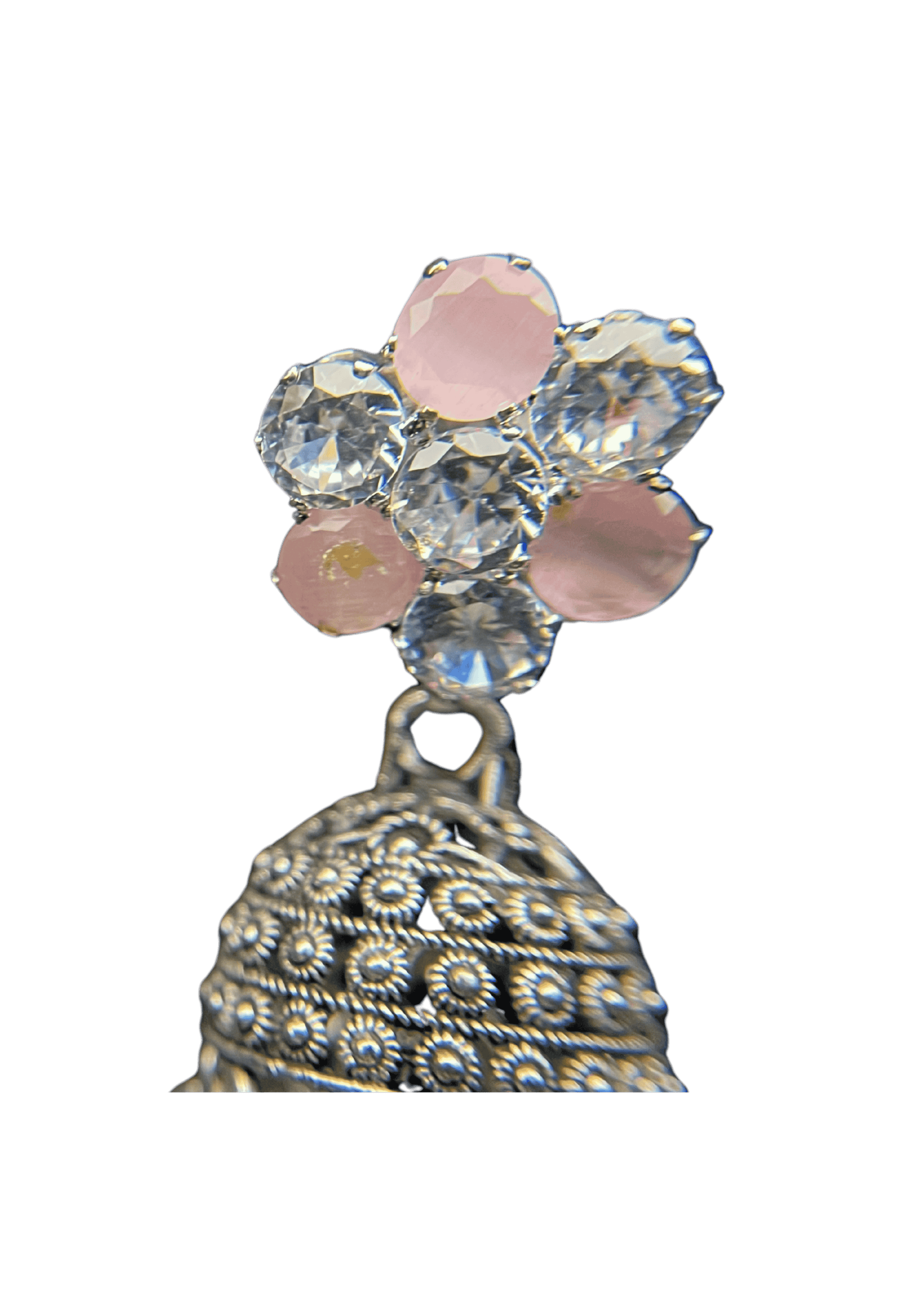 Pink Crystal Studded Silver Jhumka Earings