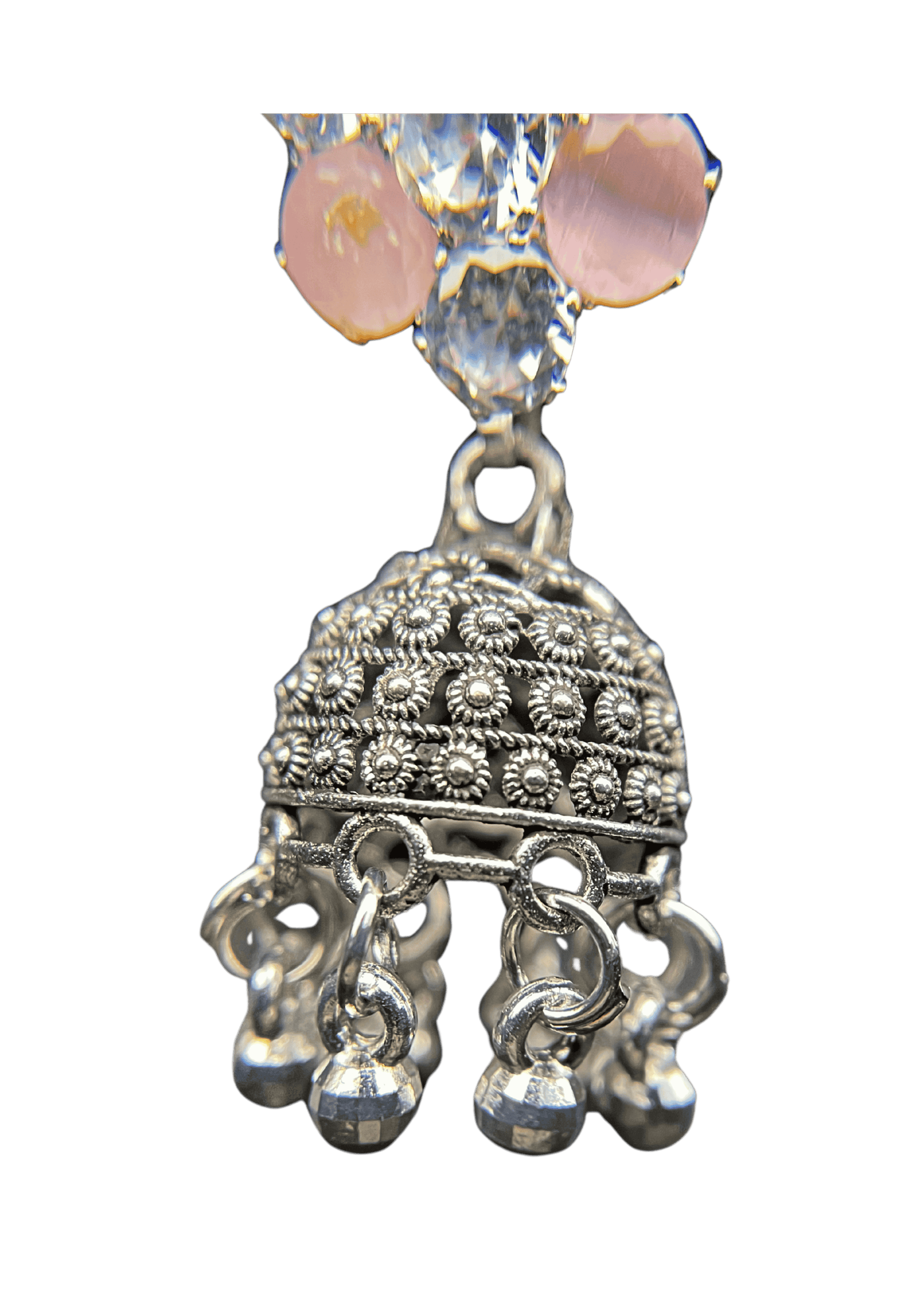 Pink Crystal Studded Silver Jhumka Earings