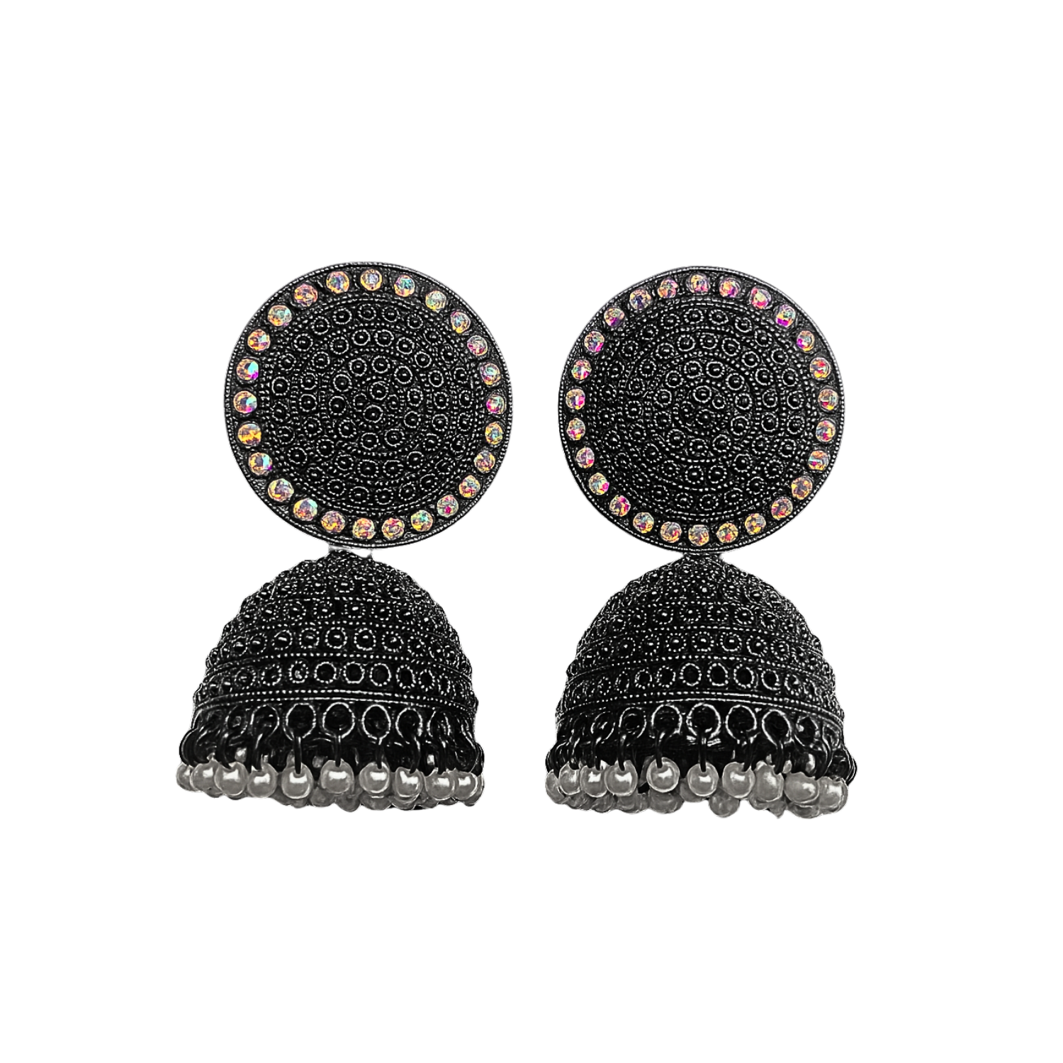 Rainbow Studded Black Dome Jhumka Earings