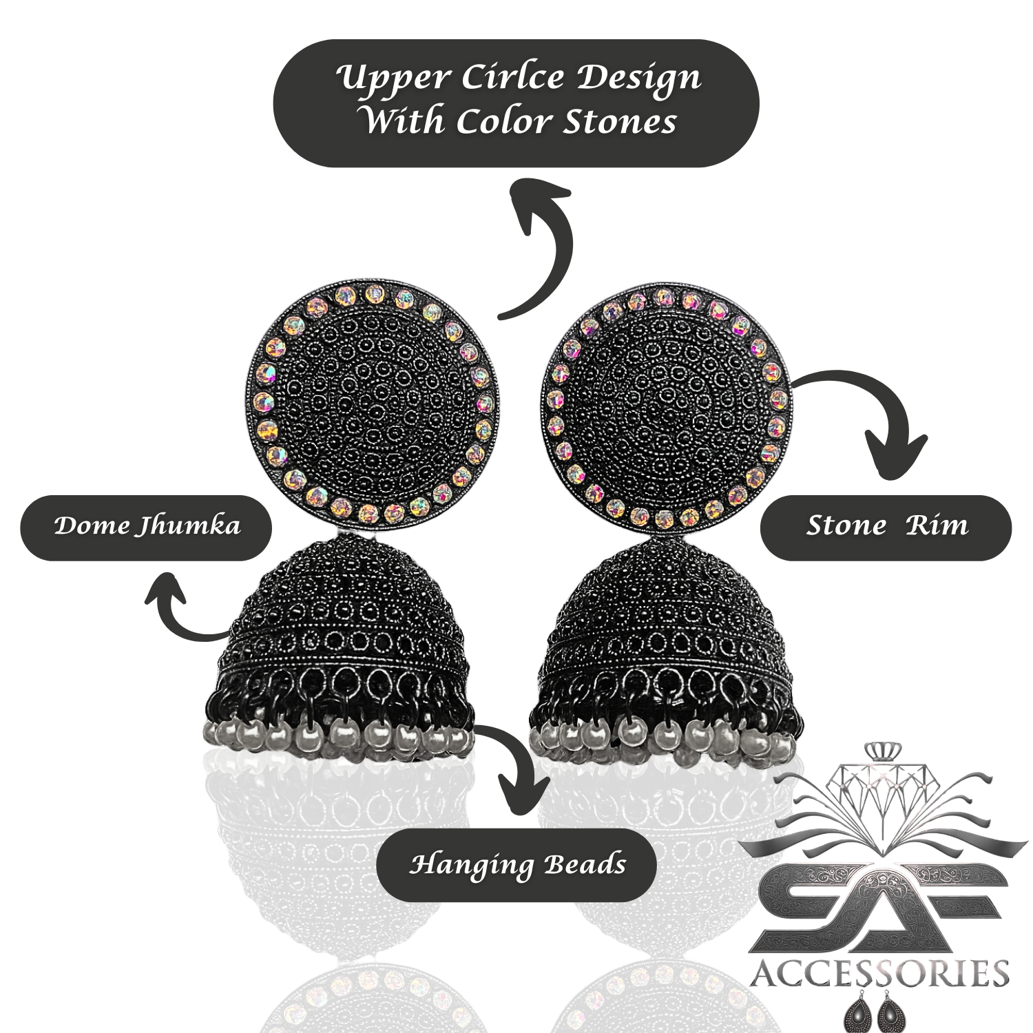 Rainbow Studded Black Dome Jhumka Earings