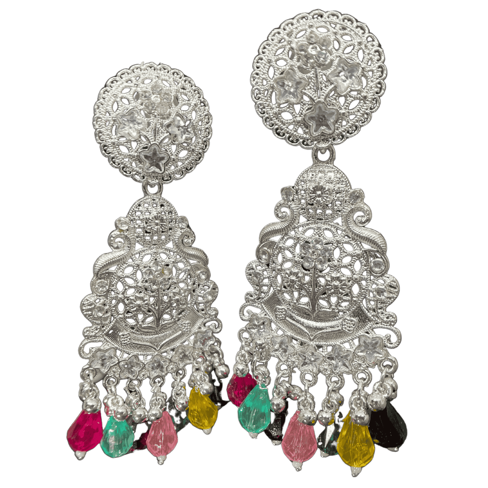 Silver Filigree Dangler with Multicolor Beads  Earrings