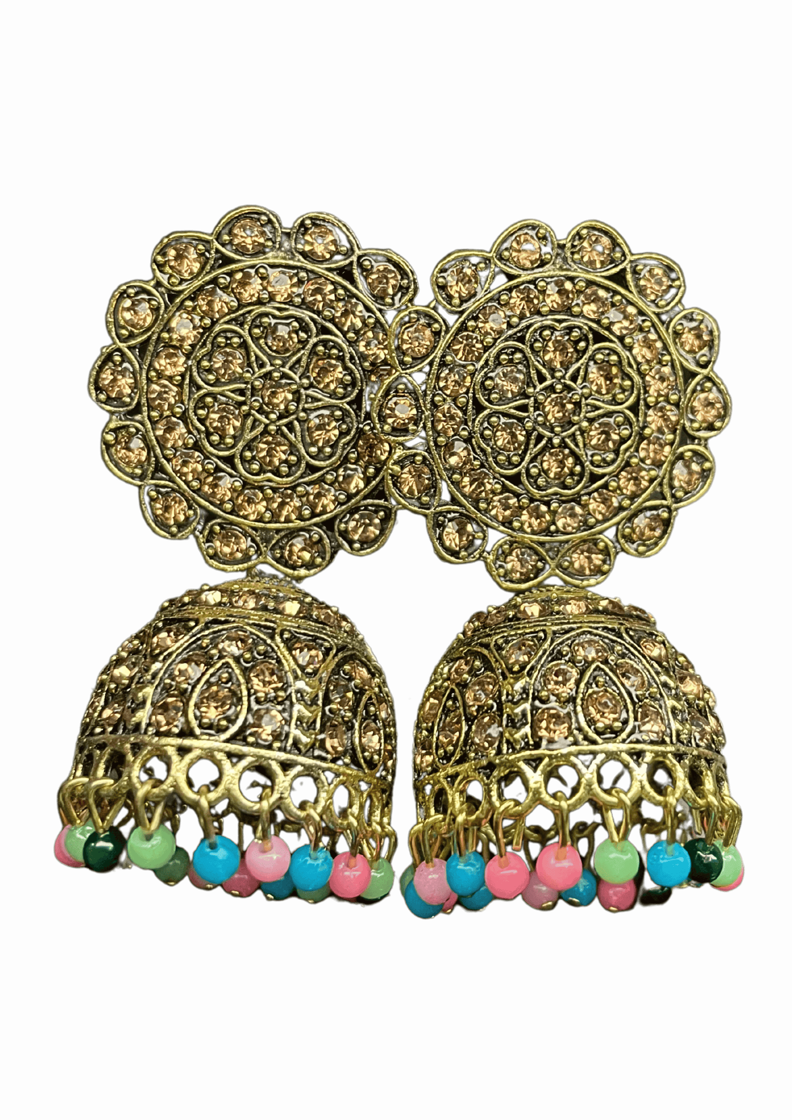 Traditional Golden Jhumkas & Maang Teeka Set with Floral Design and Multi-Color Beads