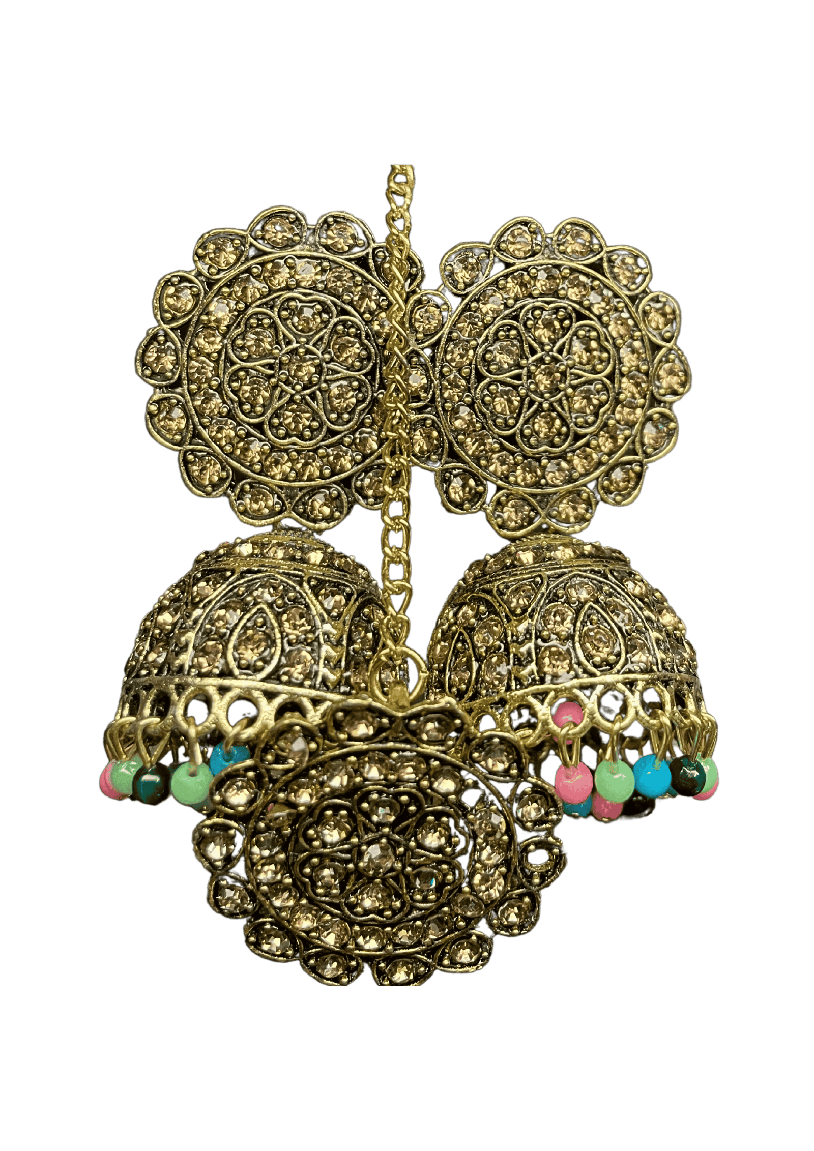 Traditional Golden Jhumkas & Maang Teeka Set with Floral Design and Multi-Color Beads