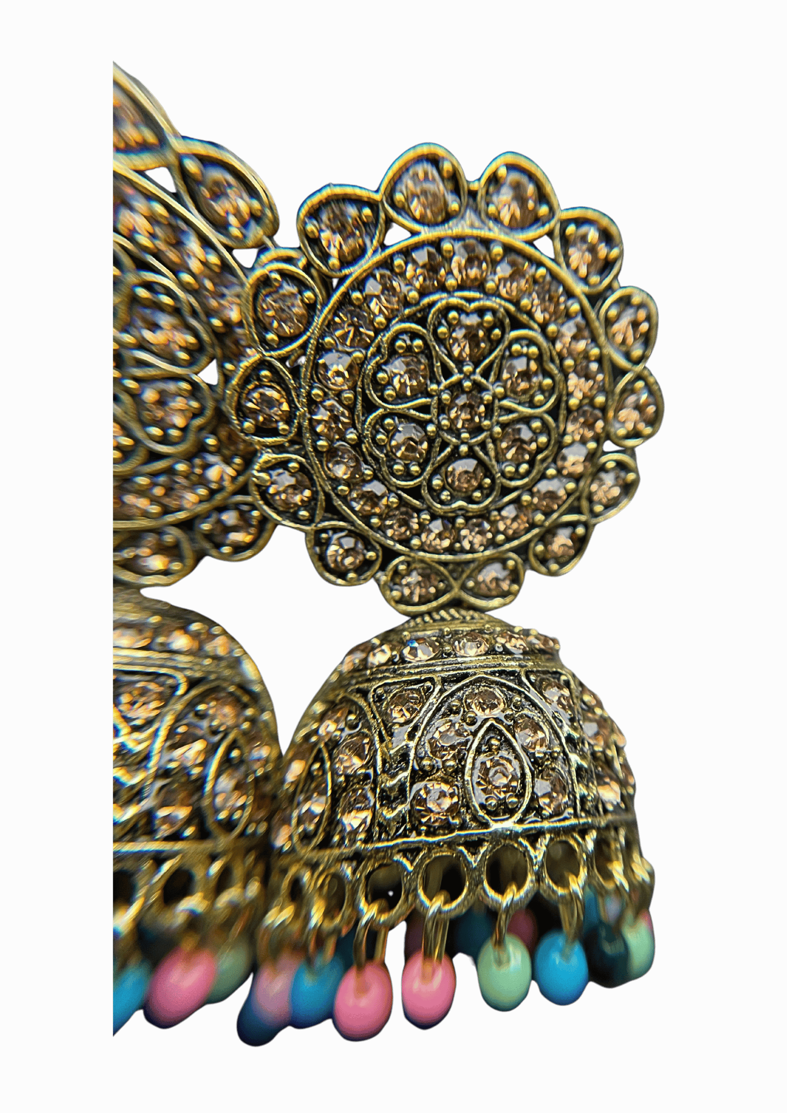 Traditional Golden Jhumkas & Maang Teeka Set with Floral Design and Multi-Color Beads