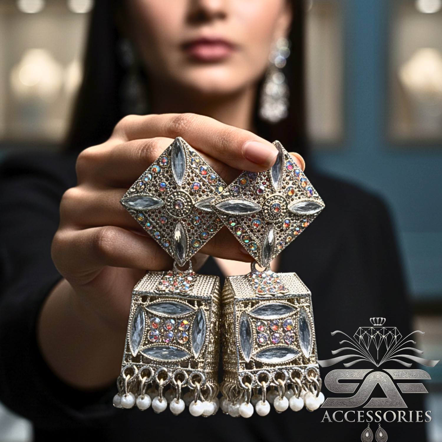 Transparent Stone Studded Geometric Jhumka Earings